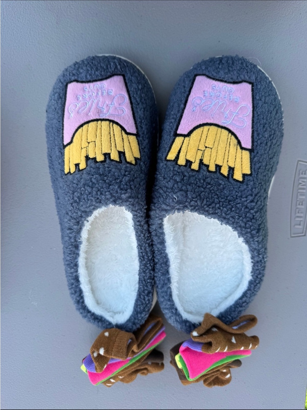 Fries before guys graphic Slippers with socks